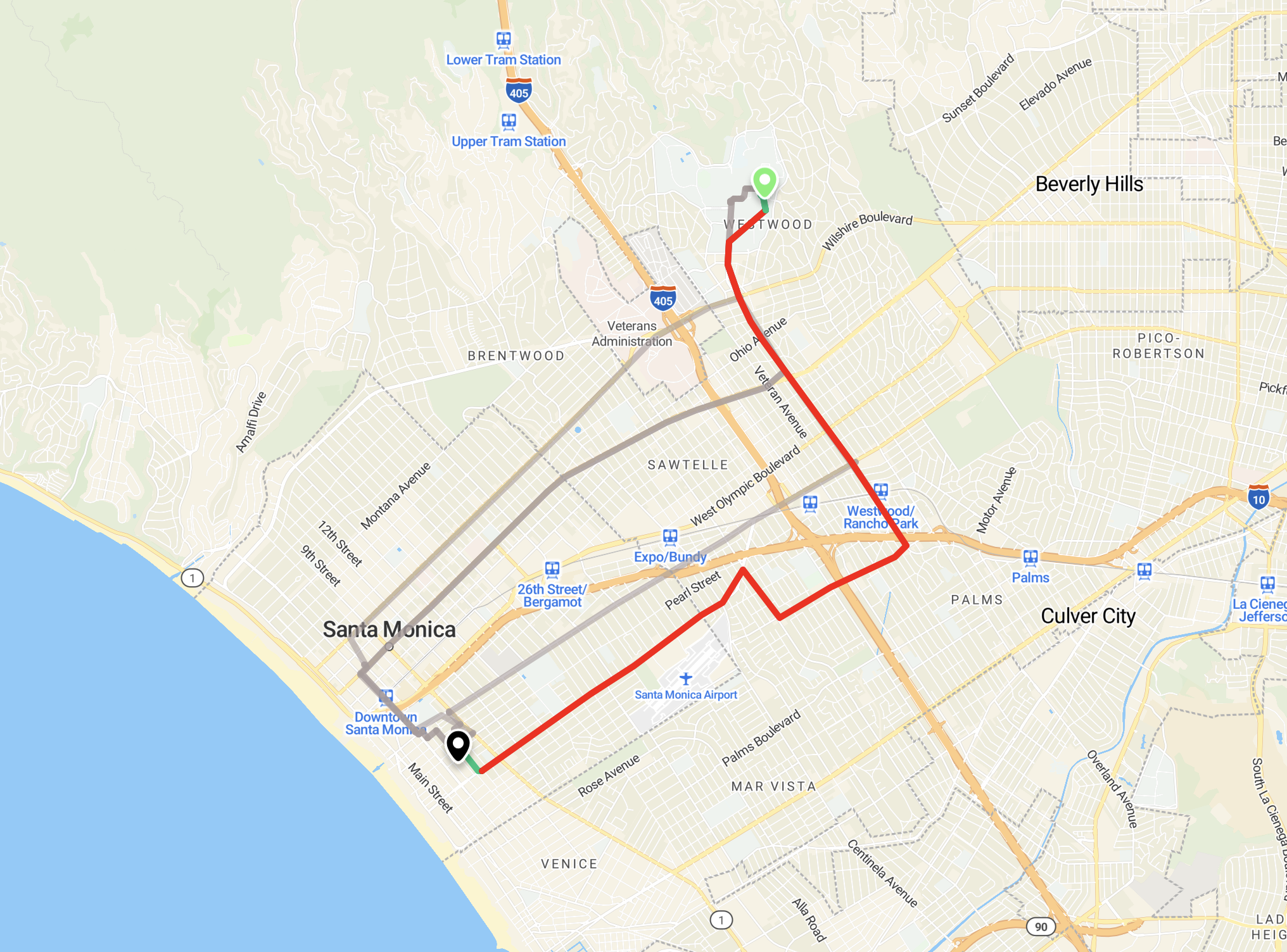 Route overview showing UCLA and Santa Monica origins